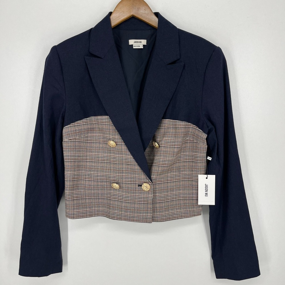 Jason Wu Women Navy Blue Plaid Colorblock Cropped Double Breasted Blazer Size S